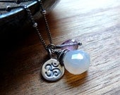 Om Yoga Necklace, Ohm Necklace, Pearl Chalcedony and Amethyst Gemstone Necklace, Yoga Jewelry, Sterling Silver Charm Necklace