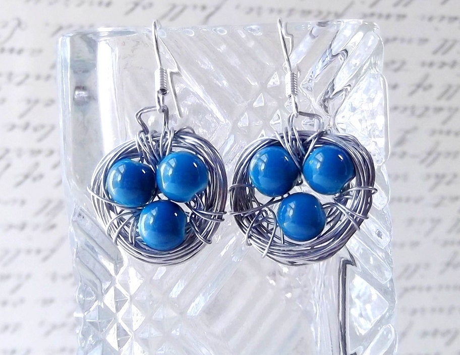 Birds Nest Earrings - Nature Jewelry - Wire Wrapped Earrings - Wire Wrapped Nest - Dangle Nest Earrings - Birds Egg Nest