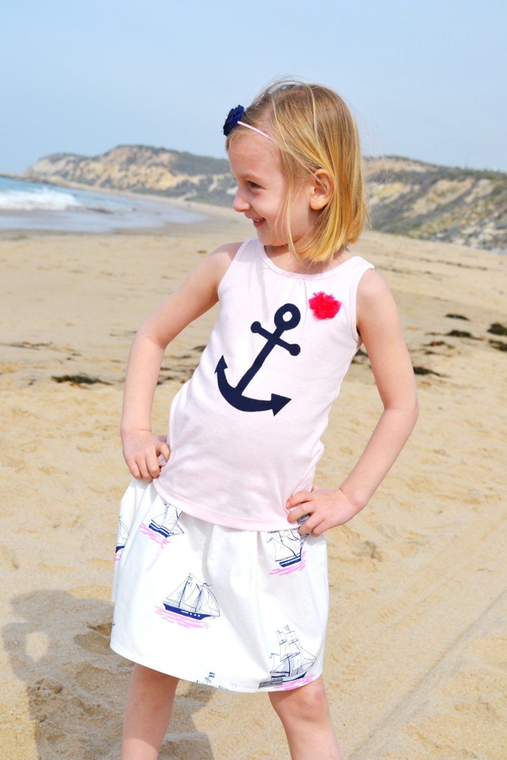 NAUTICAL ANCHOR Appliqued Skirt and Shirt Set with Pink Rosette Flower and Sailboat Skirt Sizes 18m-6T handmade by sweet threads
