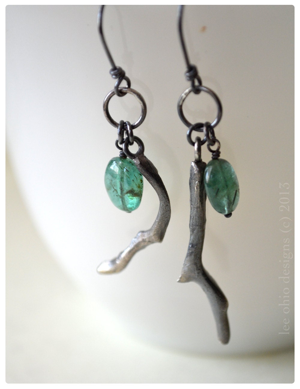 Emerald branch earrings, Asymmetrical earrings, Black coral branch earrings, fine silver jewelry, Juniper