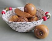Ivory and Green Large Round Linen Fabric Coiled Basket / Bowl with Beaded Handles by PrairieThreads