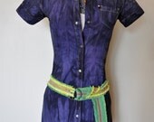 Dyed Denim BELT - Green Yellow Fringed Upcycled Cotton Denim D Ring Belt - Boho Gypsy Hippie Recycled Denim Creation Belt