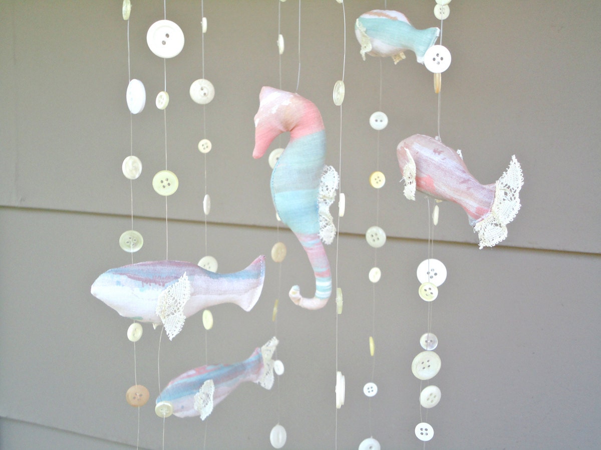 ocean mobile - seahorse and fish - vintage buttons, fabrics, and lace