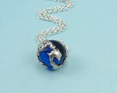 Earth Globe Necklace with Ocean Blue Glass Bead, Earth Globe Charm on a Silver Cable Chain - treasuredcharms