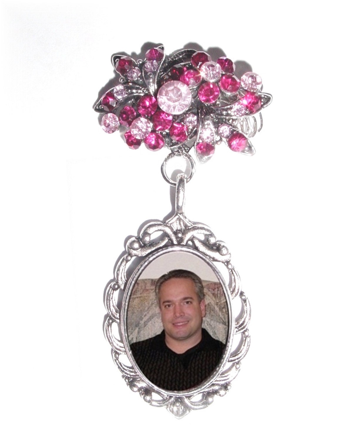 Memorial Photo Brooch Oval Metal Charm Old World Pink Crystals Gems - FREE SHIPPING