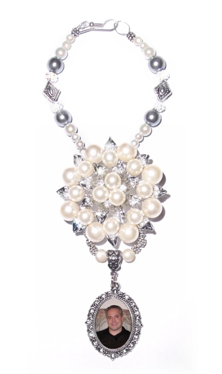 Wedding Bouquet Memorial Photo Charm Crystal Gems Pearls Silver Tibetan Beads - FREE SHIPPING
