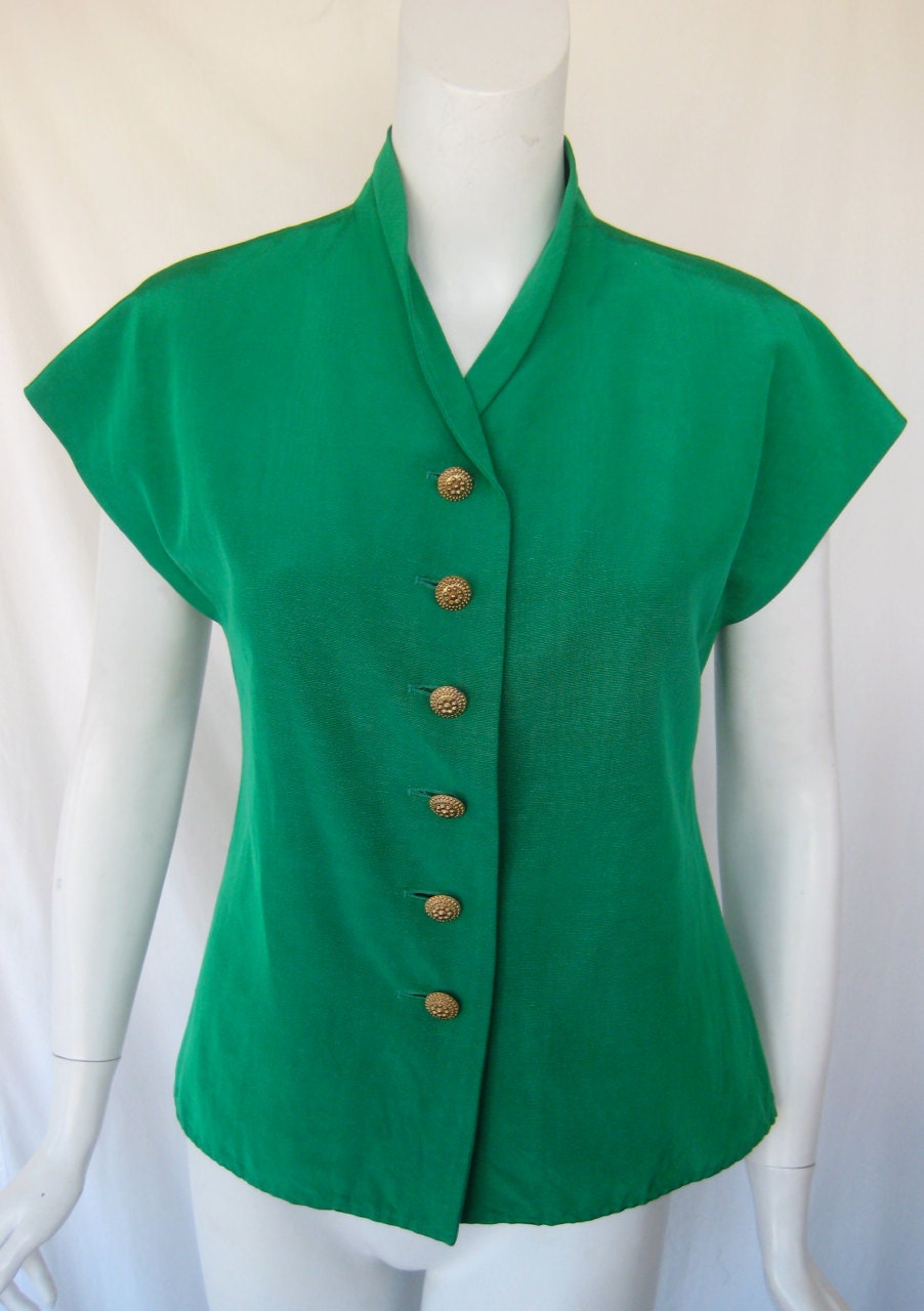 vtg ysl yves saint laurent  1960s silk twill top blouse with gold buttons