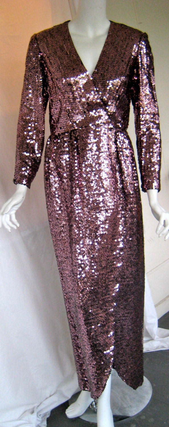 vtg ESTEVEZ 1970s bronze tiger stripe sequin bombshell disco gown