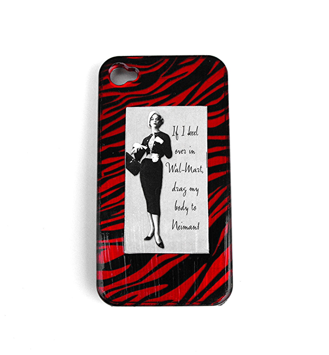 Death by Shopping Iphone 4 Case 3GS iPod Touch 2 Pc Cell Phone Cover Neiman Marcus Shopaholic Wild Lady Red Shopper Upcycled Decoupage Gift