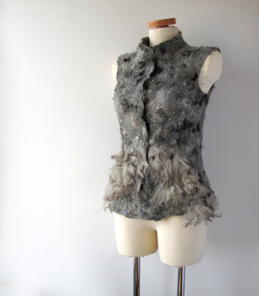 Felted vest  seamless grey raw wool fur