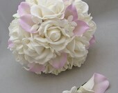 Real Touch Bridal Bouquet Stephanotis Roses Calla Lilies Groom's Boutonniere - Lavender Callas, White Real Touch Roses Silk  Stephanotis