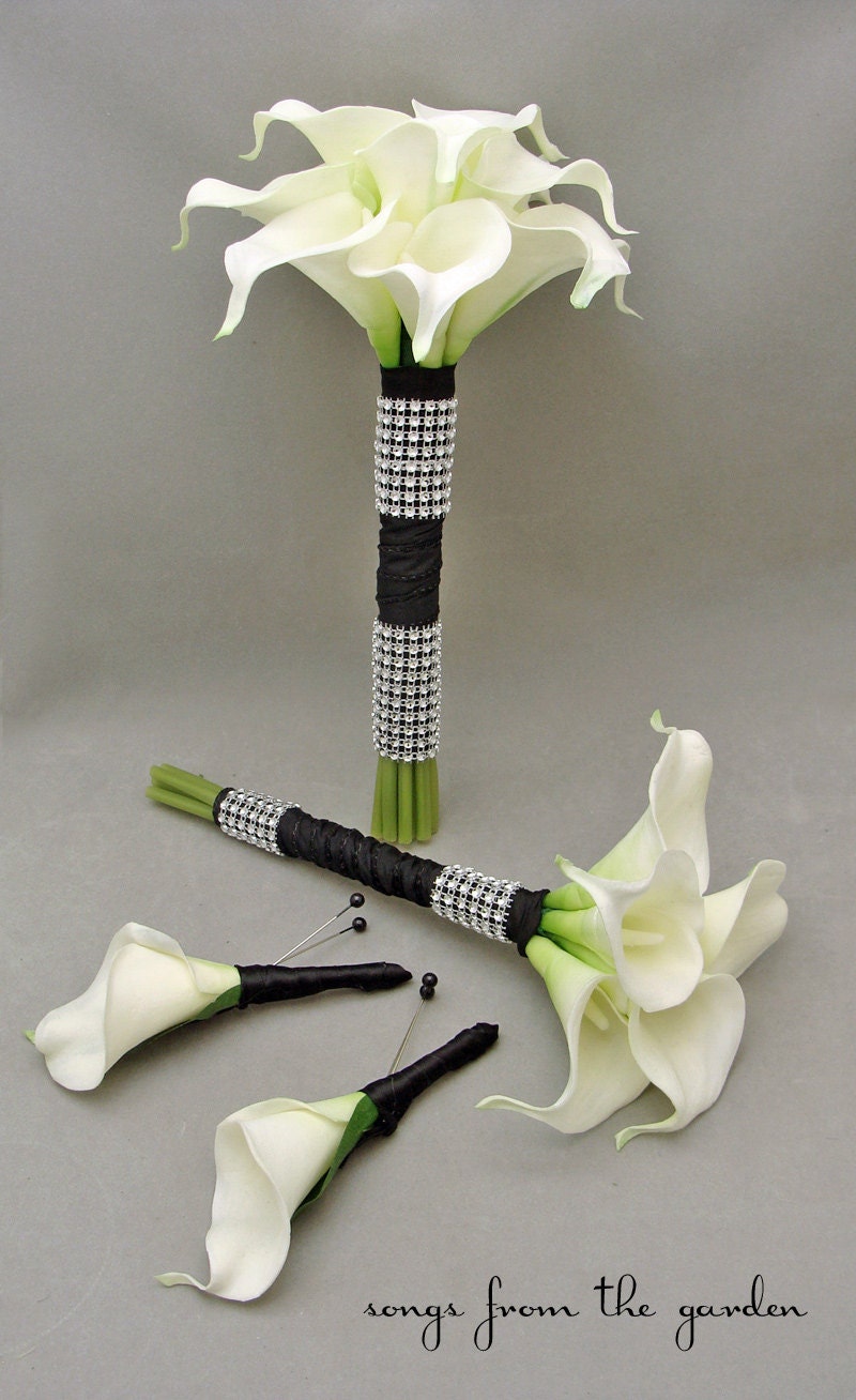 Real Touch Calla Lily Bridesmaids Bouquets White Black - Choose Your Wedding Colors for a Custom Wedding Flower Package
