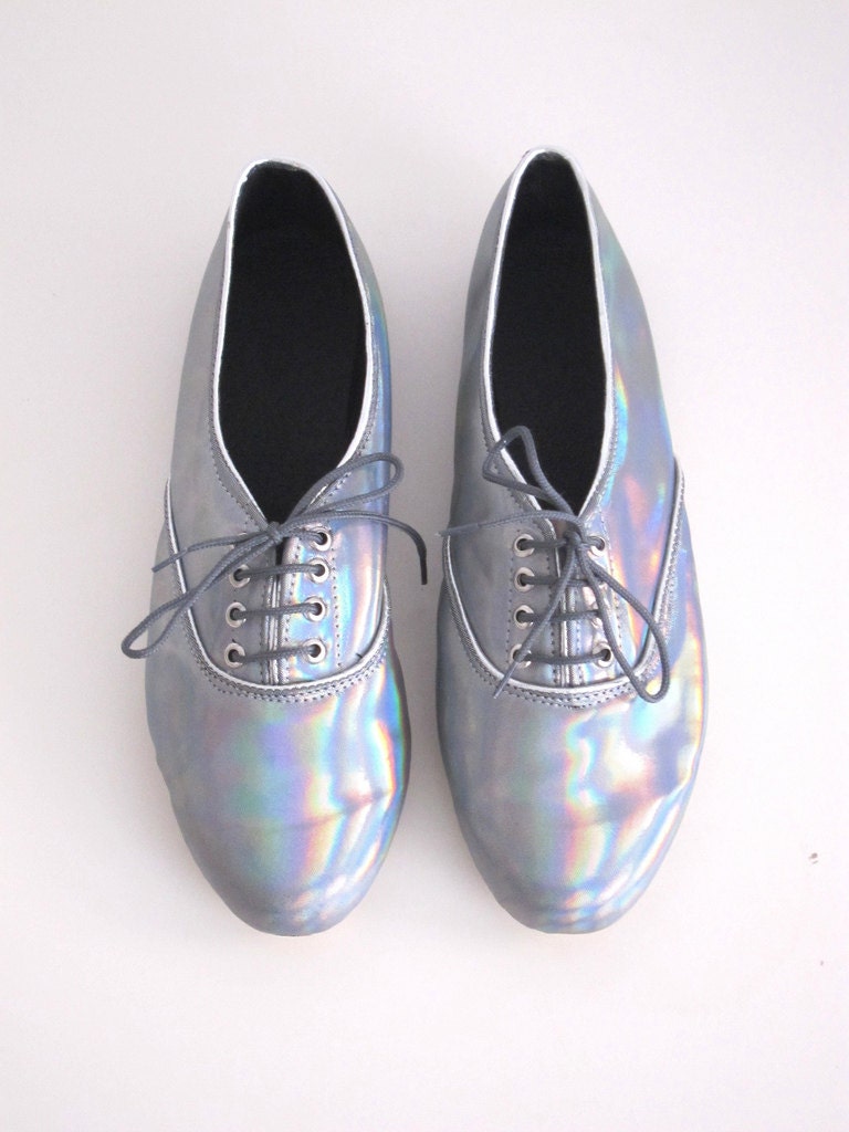 Holographic iridescent faux leather pony oxford shoes (Handmade to order)