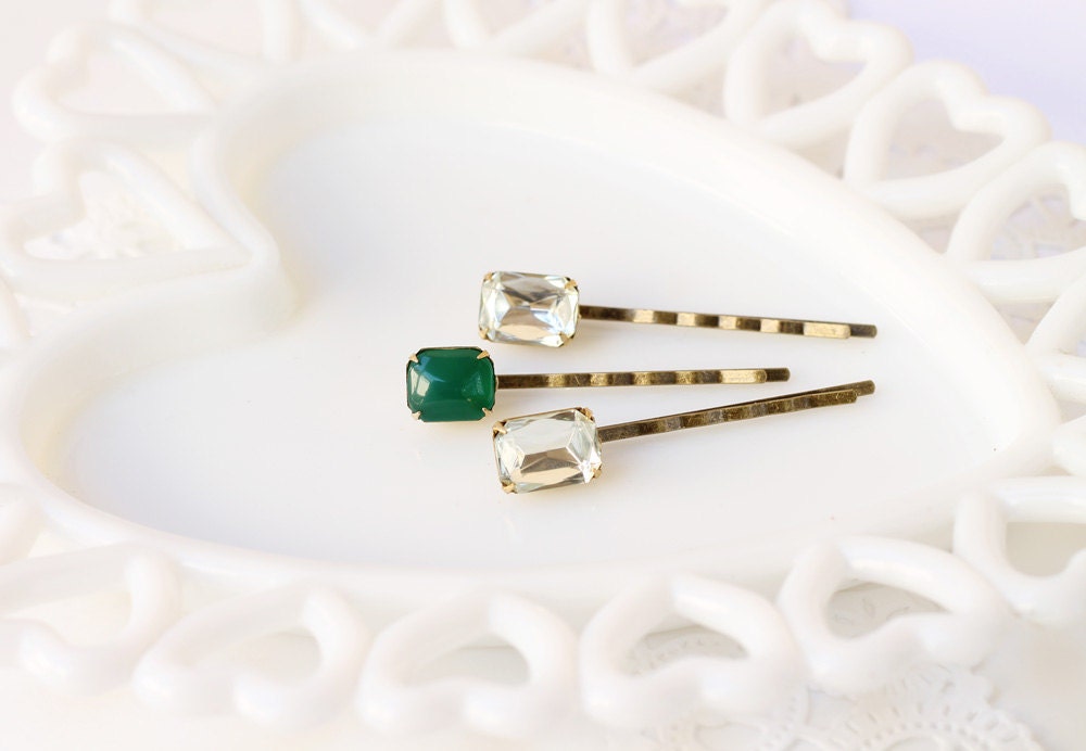 Emerald and Sparkles - Set of Three Vintage Stone Hairpins