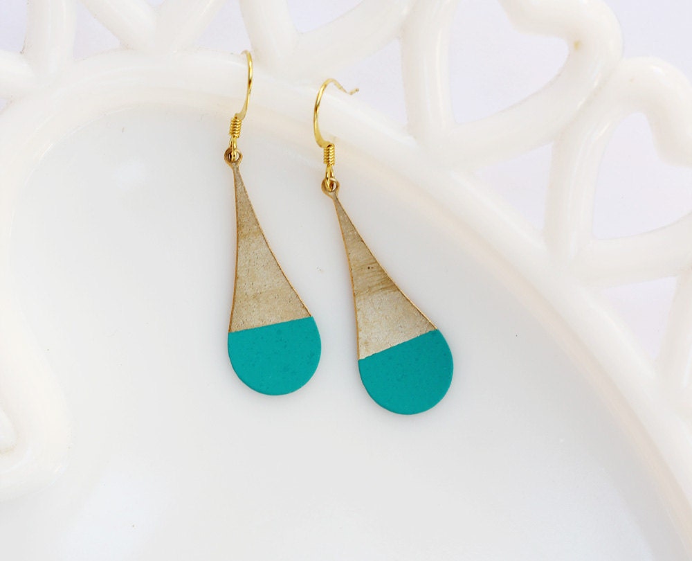 Teal Color Dipped Rounded Brass Dangle Earrings