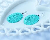 Large Oval Filigree Cutout Turquoise Dangle Earrings