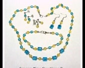 Yellow Crackle Glass with Azure Blue Glass Accents Necklace Earring Bracelet Set