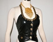 Vintage MOSCHINO Bustier Black Leather Gold Coin Cutout Halter Corset