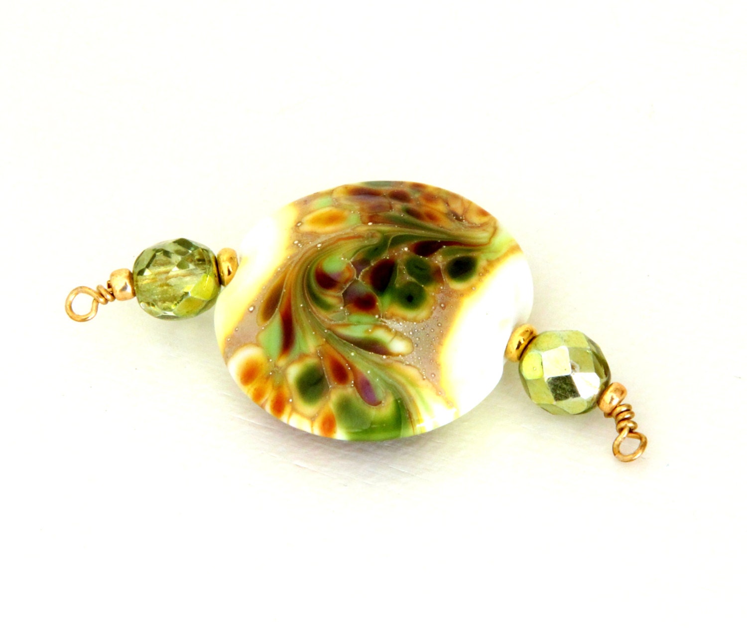 Sage Green & Ivory Pendant Necklace. Green, Gold and Ivory Glass Bead Pendant. Earthy Tones Lampwork Bead Pendant Necklace. Beaded Jewelry.