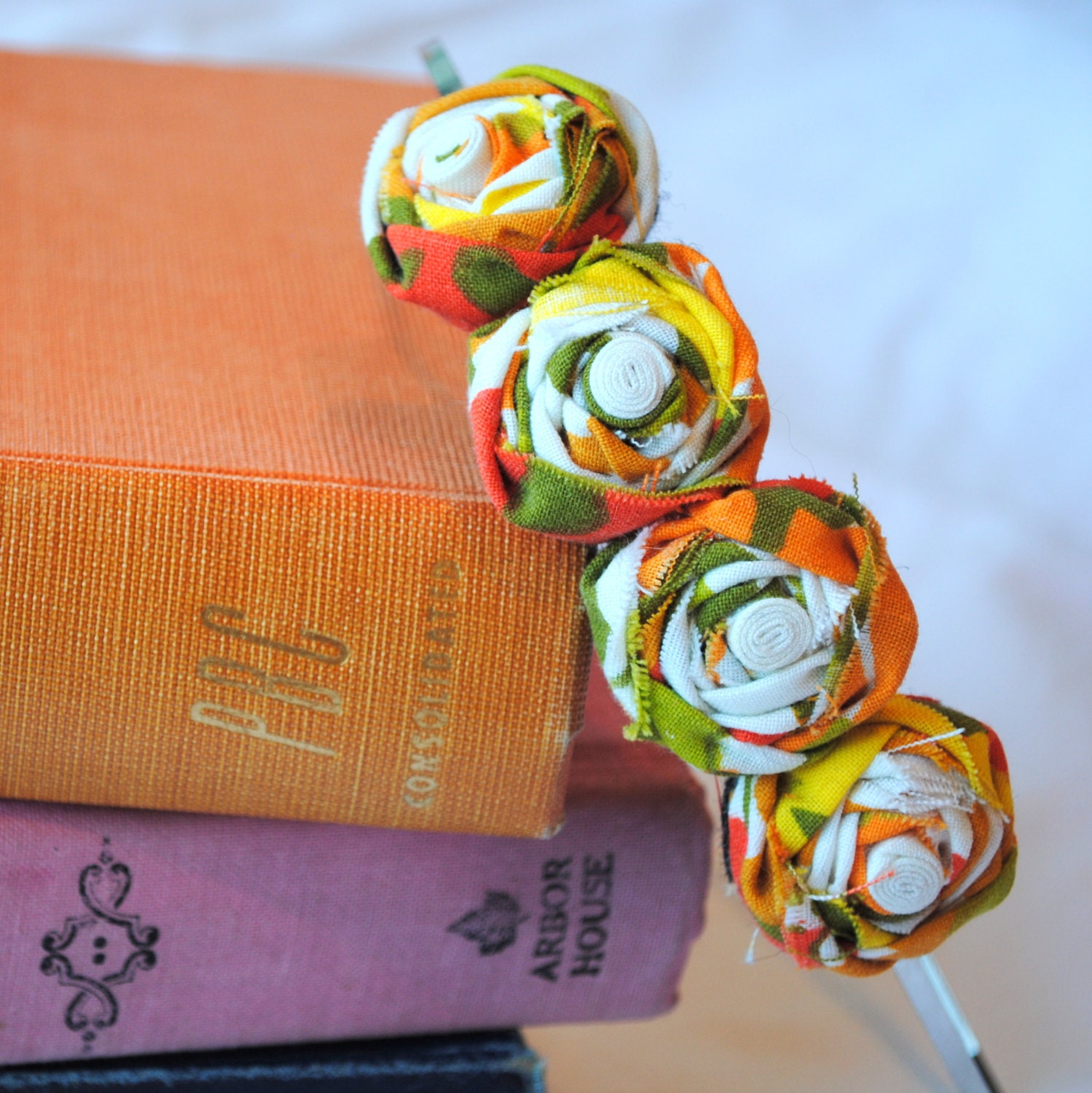 Vintage Floral Rosette Flower Headband - Small Rosettes - Green, Red, Orange Floral Hair Accessory