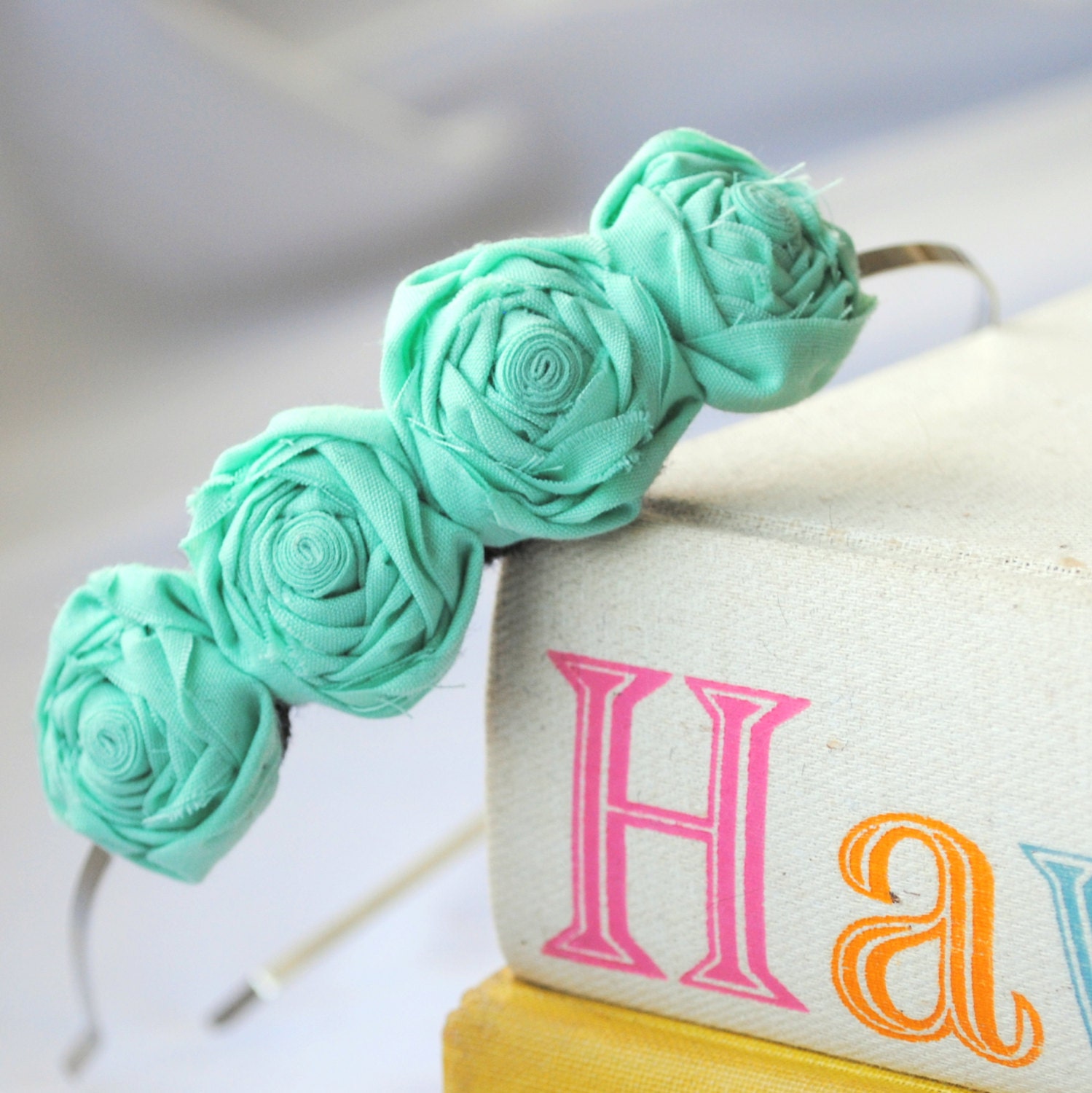 Mint Green Rosette Flower Headband - Small Rosettes - Pastel Green Floral Hair Accessory - FoldingChairDesigns