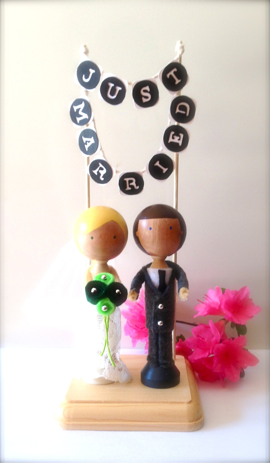 WEDDING CAKE TOPPER with Just Married Bunting Stand Clothespin Dolls Kokeshi Doll Wedding Cake Topper Cute Cake Topper