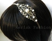 White Pearl Wedding Vintage style headband - MARLENE design 1 on a Bronze filigree stamped headband