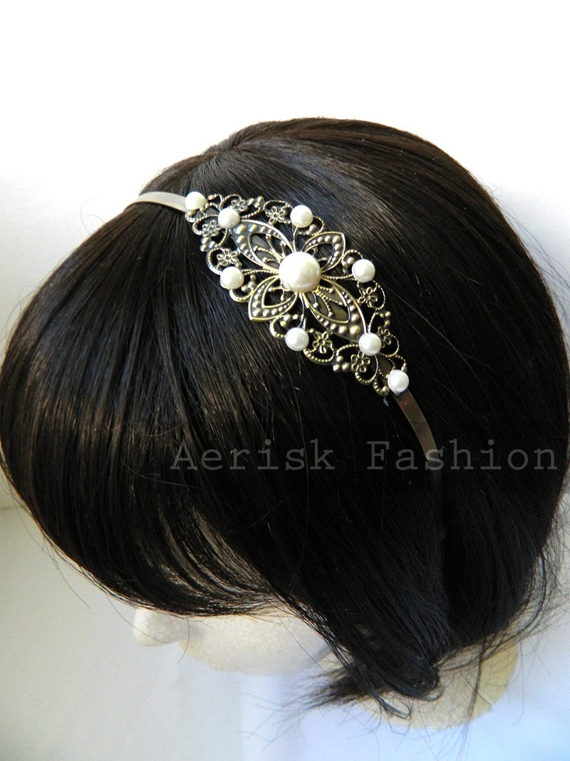 White Pearl Wedding Vintage style headband - MARLENE design 1 on a Bronze filigree stamped headband