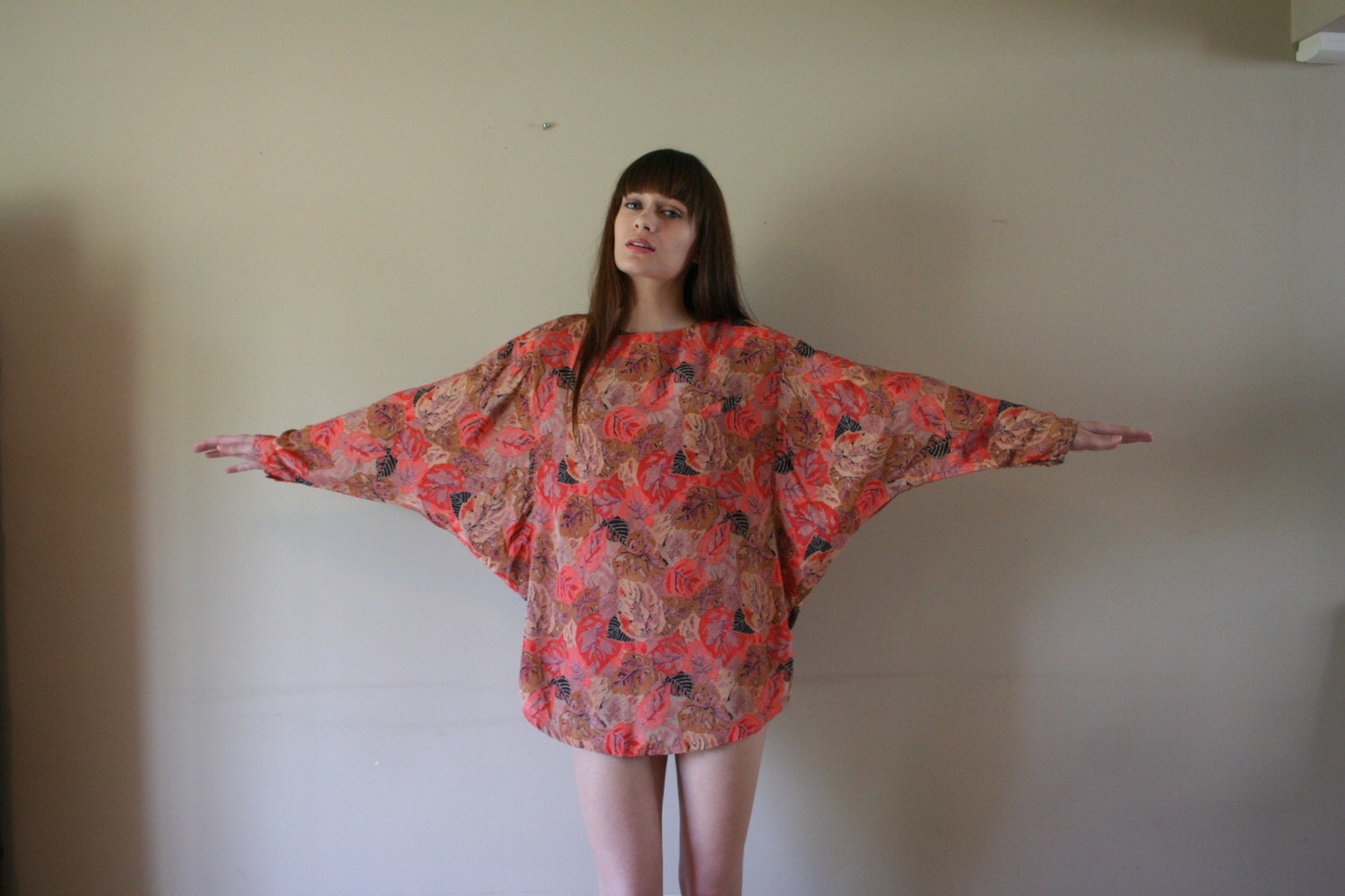80s Batwing Blouse / Micro Mini Dress / Autumnal Leaf Print / Avant Garde Oversized Top / Shirt / One Size Fits Most