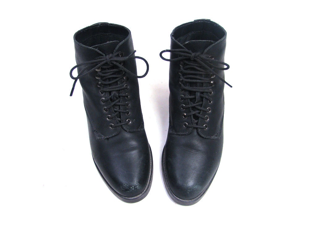 Vintage Black Leather Lace Up Ankle Boots Size 6.5