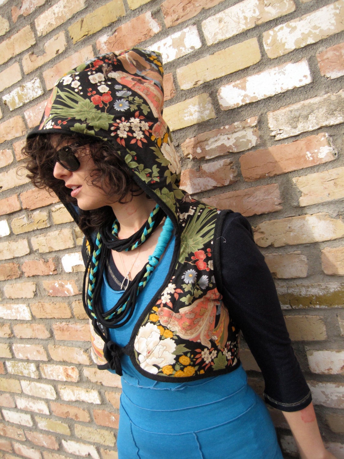 SALE - Hooded Vest - Japenese Fabric lined with Denim - Stash Pocket - Reversible