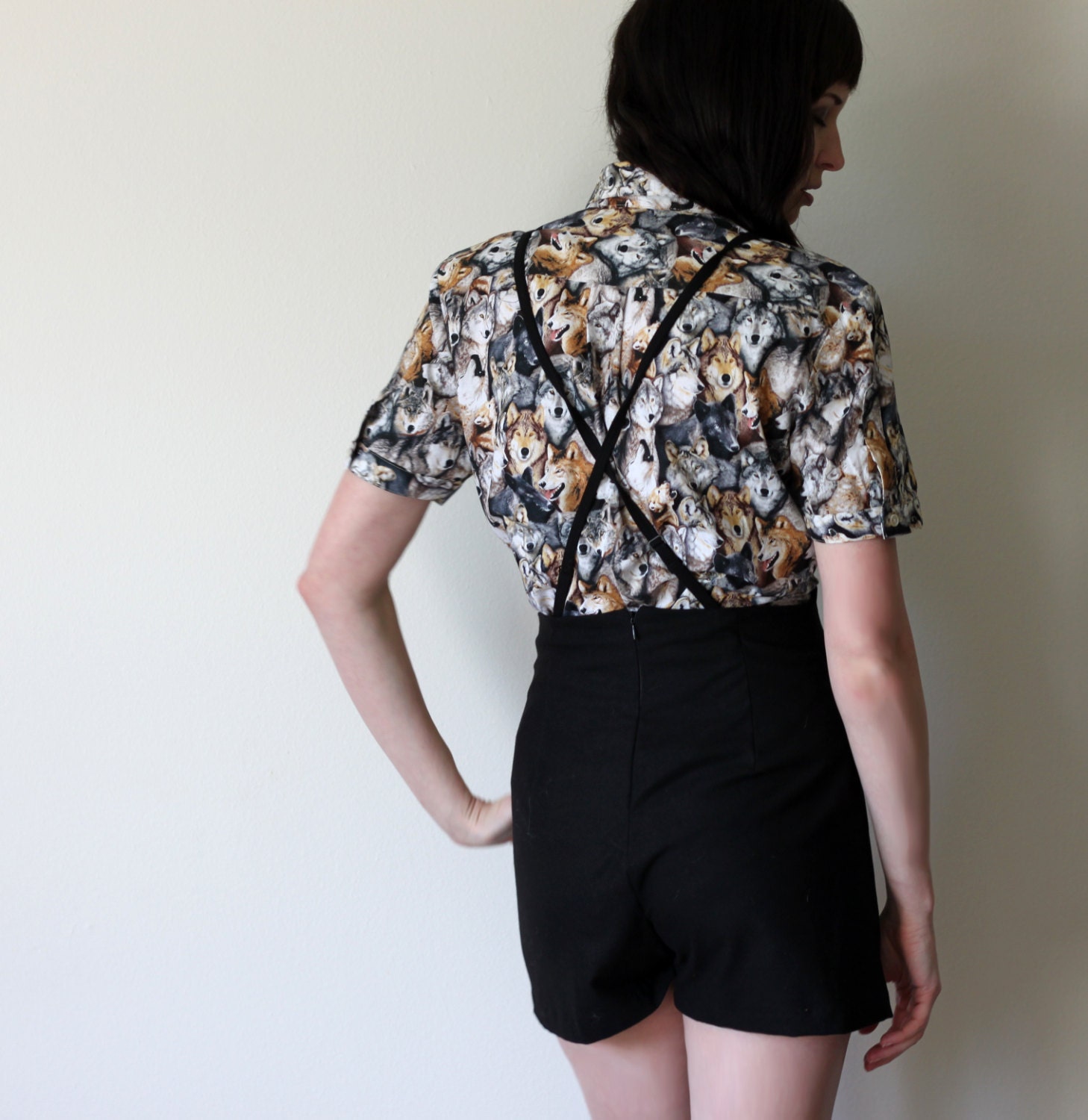 Vintage inspired shorts -  classic black with built in suspenders and a high waist, geek nerd school clothes - medium