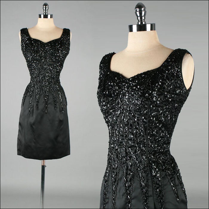 Vintage 1950s Dress . SEMONT NY . Black Satin Sequins . 3002