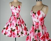 vintage 1950s dress . TABAK CA . pink floral print . cotton sun dress . 3259