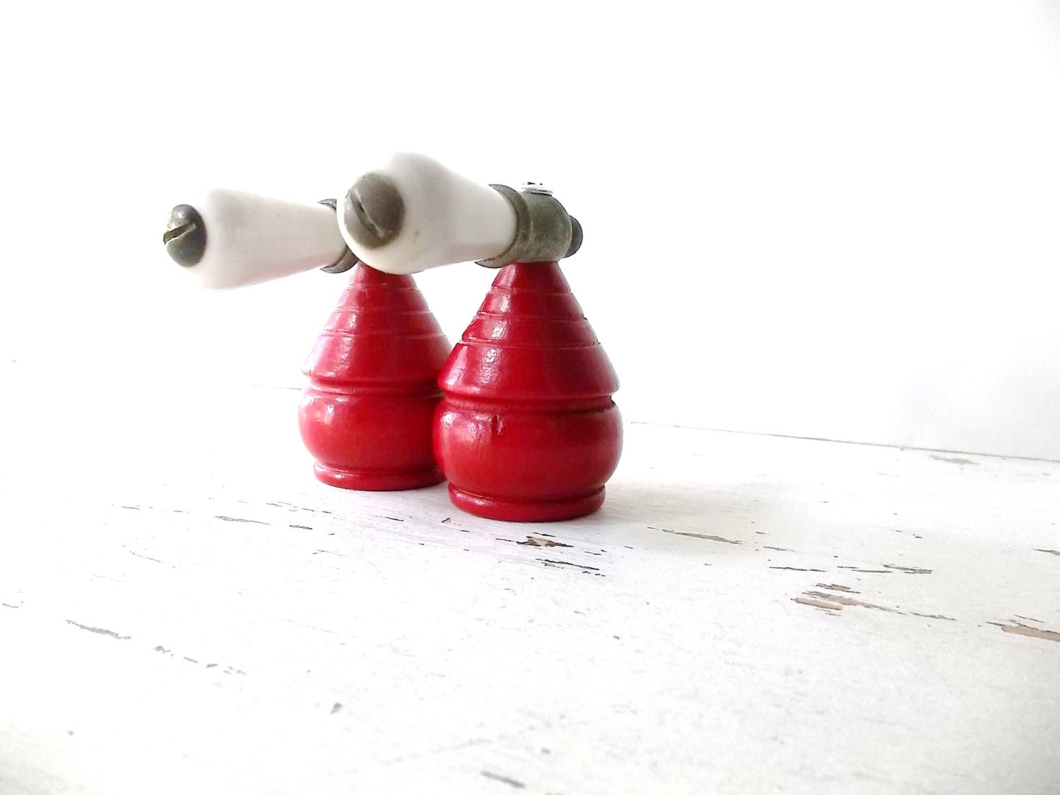 Industrial Chic Decor. Mixed Media Salvaged Industrial prims. Red Wood tops w porcelain knobs. Office Decor- Paperweights