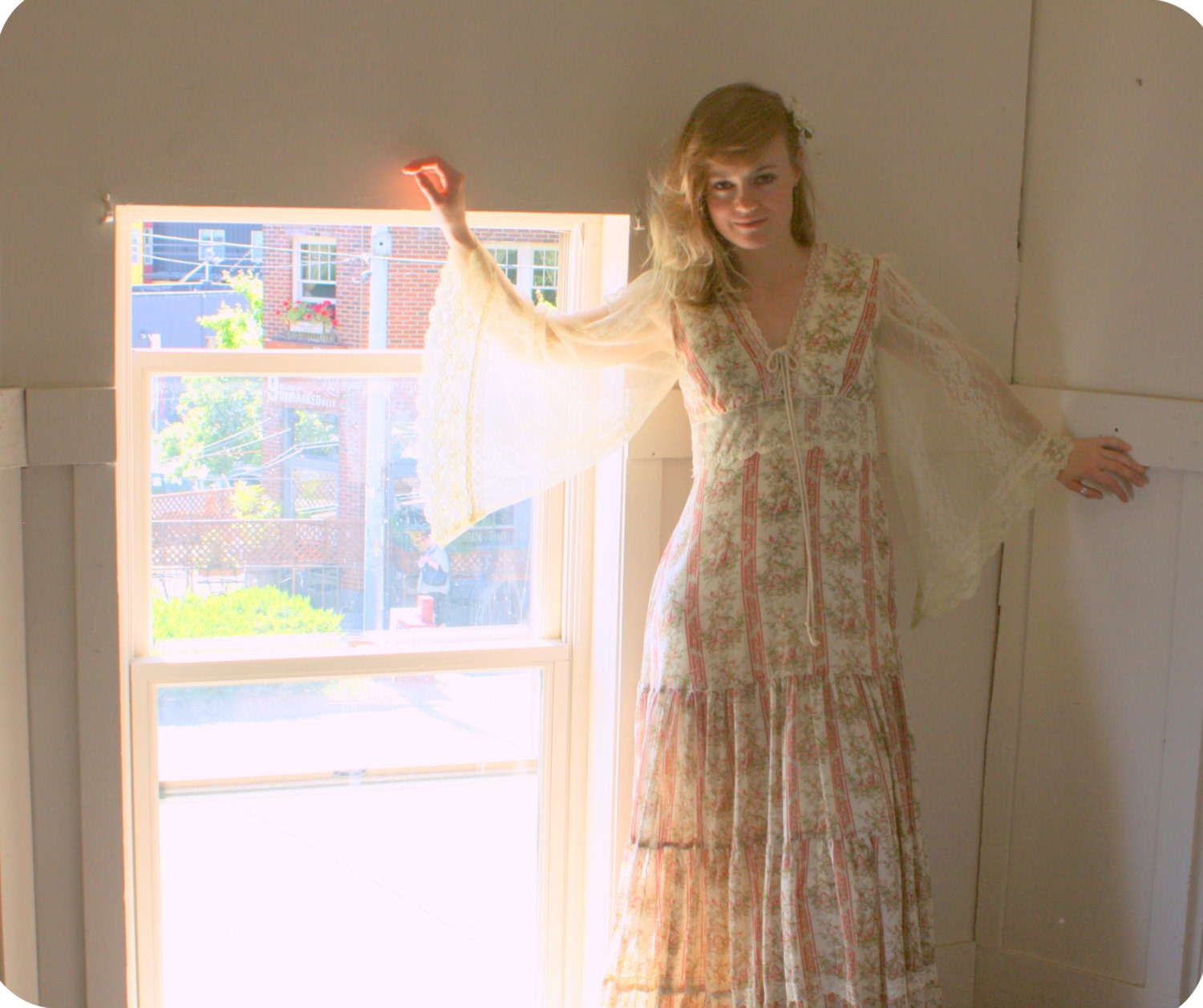 Vintage 1970's Boho Pioneer Striped Women's Long Sleeve Dress
