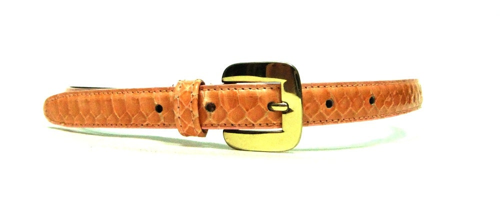 Vintage 70s Peach Skinny Snake Skin Belt with Gold Buckle