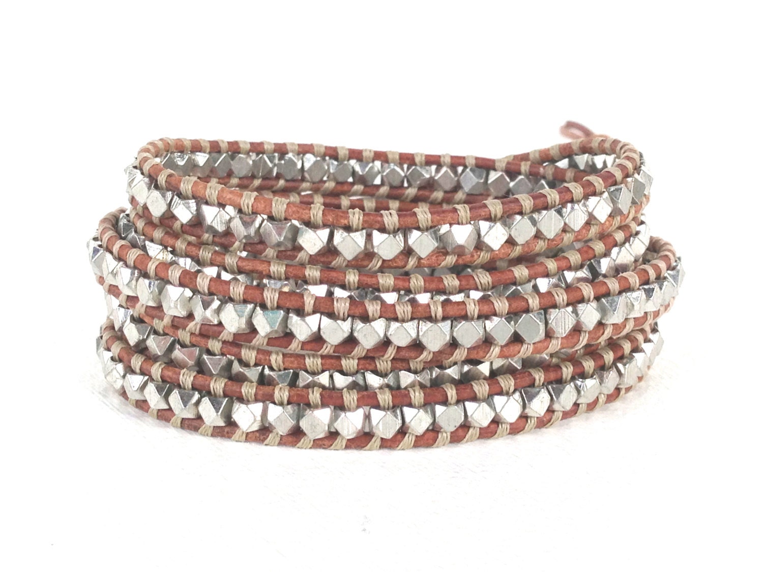 Brown Leather Wrap Bracelet with Silver Nuggets, Wraps Five Times