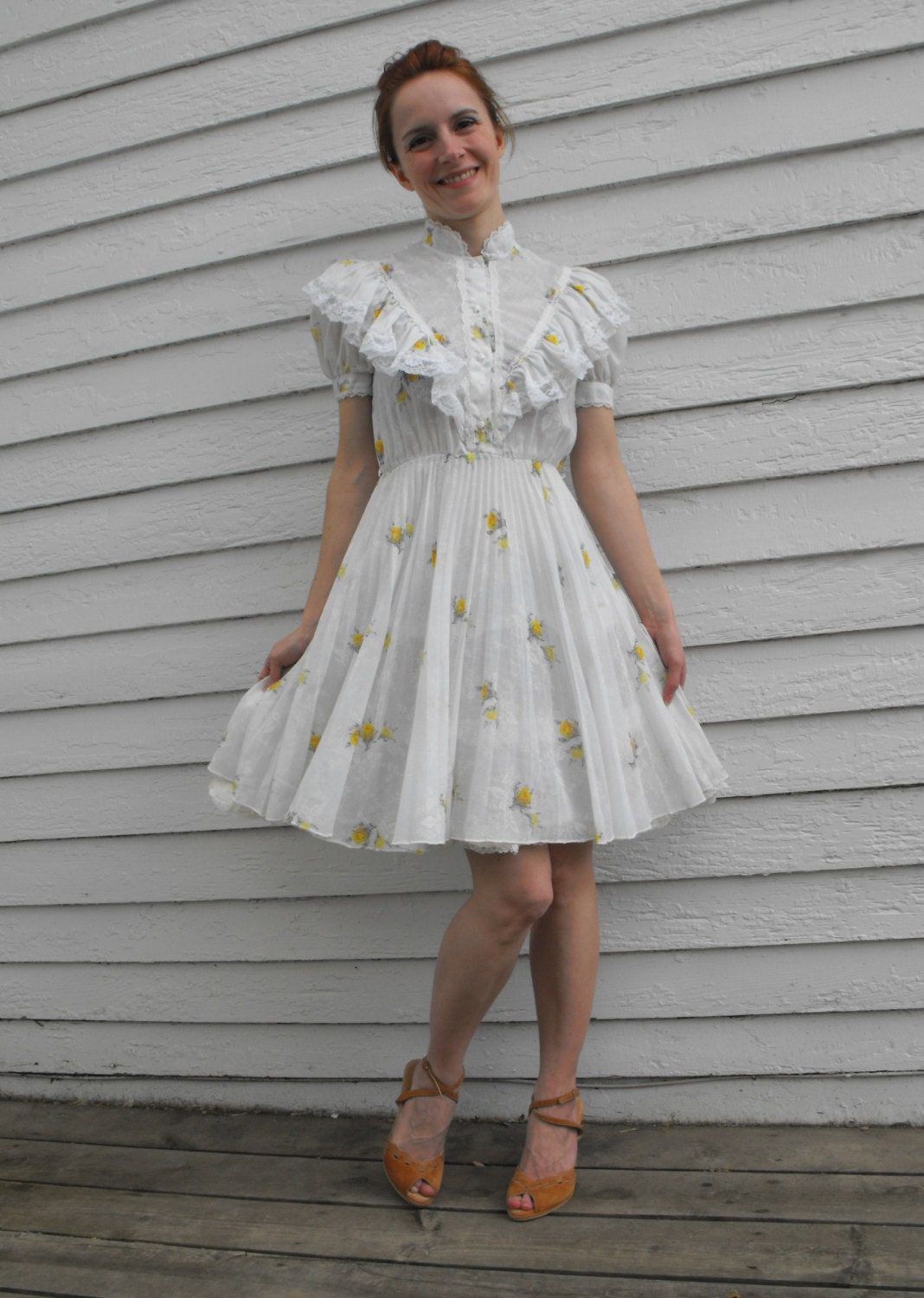 Vintage 70s White Dress Prairie Lace Ruffle Floral Summer XXS Petite XS Misses 12 Girls