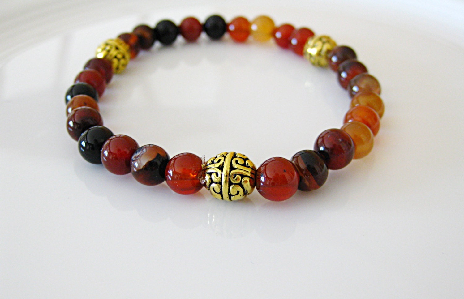 Orange Black Agate & Ethnic Brass Beads Bracelet - Stacking, Layering