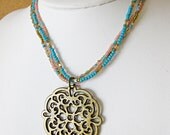 Brass Lace Pendant & Peach, Gold, Turquoise Seed Bead Multi Strand Necklace