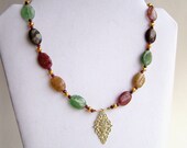 Indian Aventurine Necklace, Garnets, Cultured Pearls, Gemstone Jewelry, Gold, Red, Green, Golden, Brown, Wine, Forest, Tan, Filigree, 252