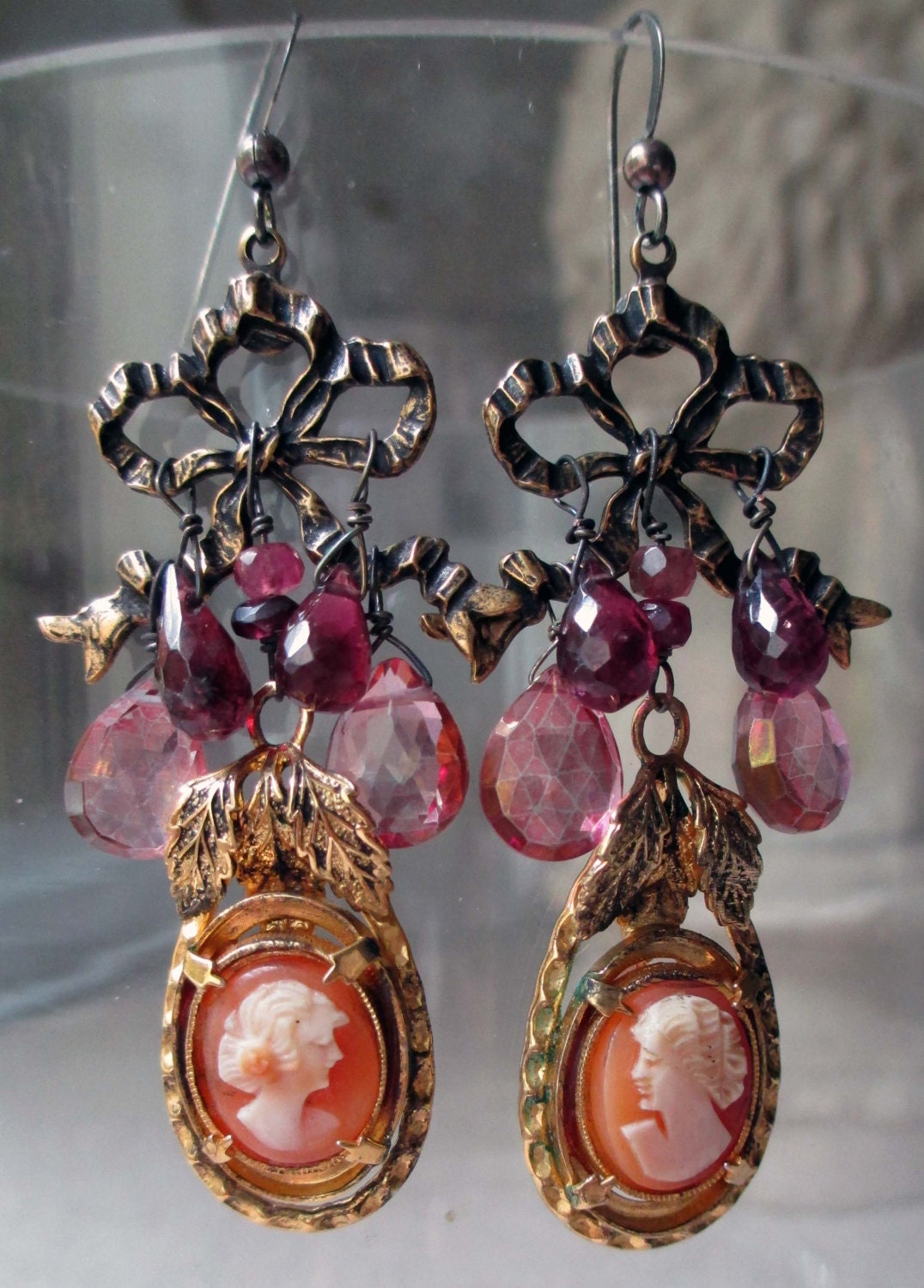 SOLD to Jo Ann - cameos and bows - vintage assemblage earrings with garnets, tourmaline and pink quartz by the french circus