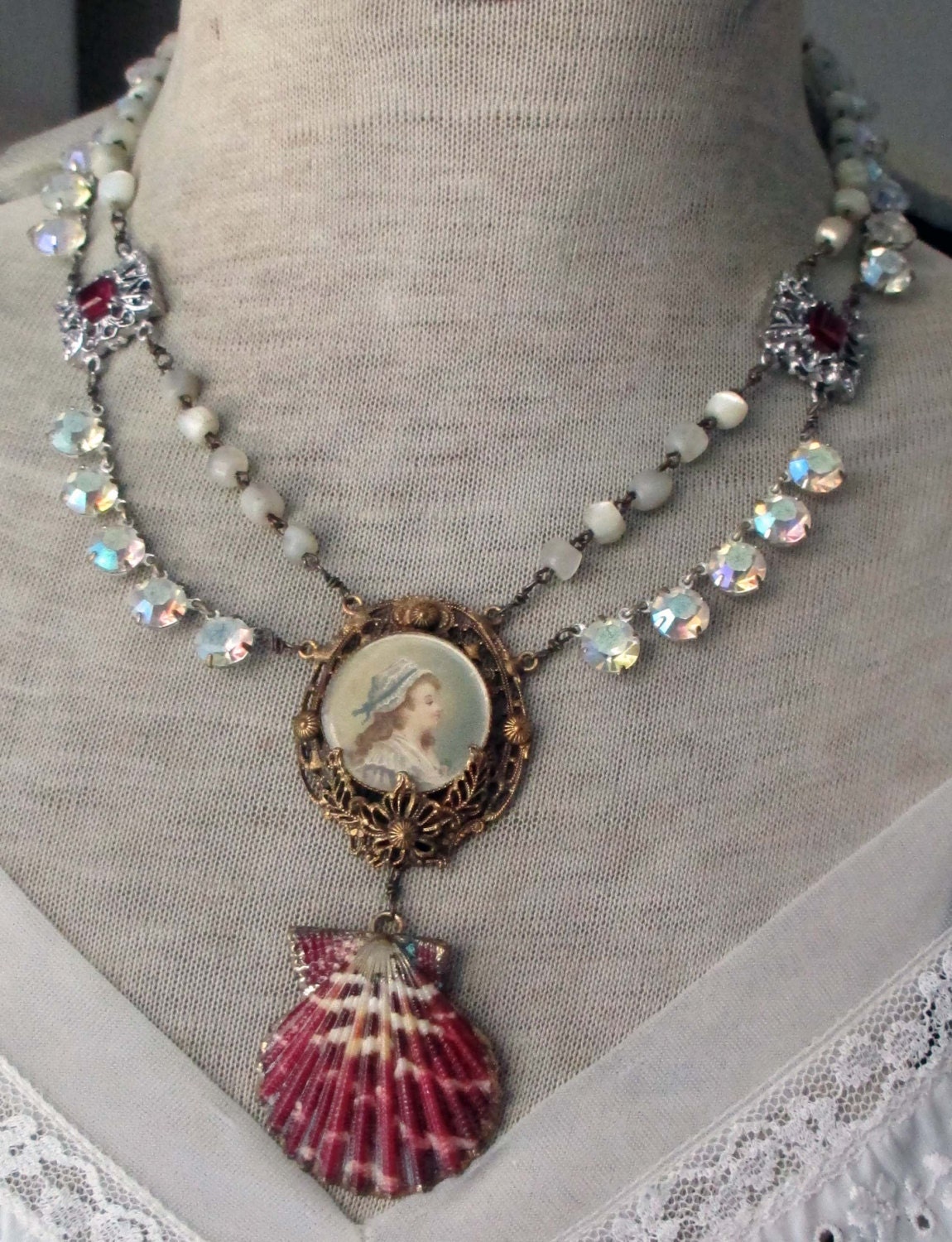 she sells seashells - vintage assemblage necklace with portrait pendant, rhinestones, and mother of pearl rosary by the french circus