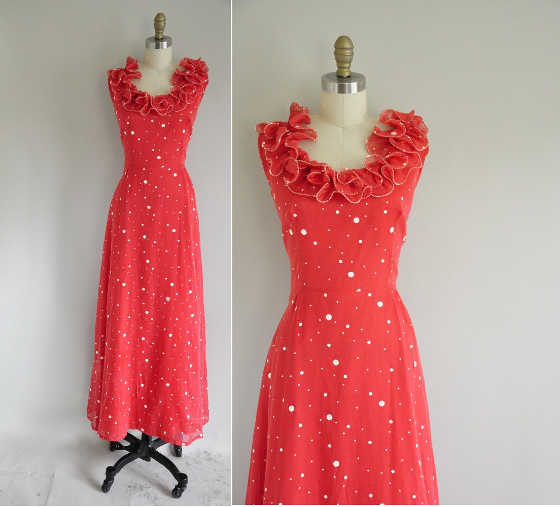 s a l e...vintage 1970s dress / 70s floor length ruffle collar dress / 1970s red dot dress