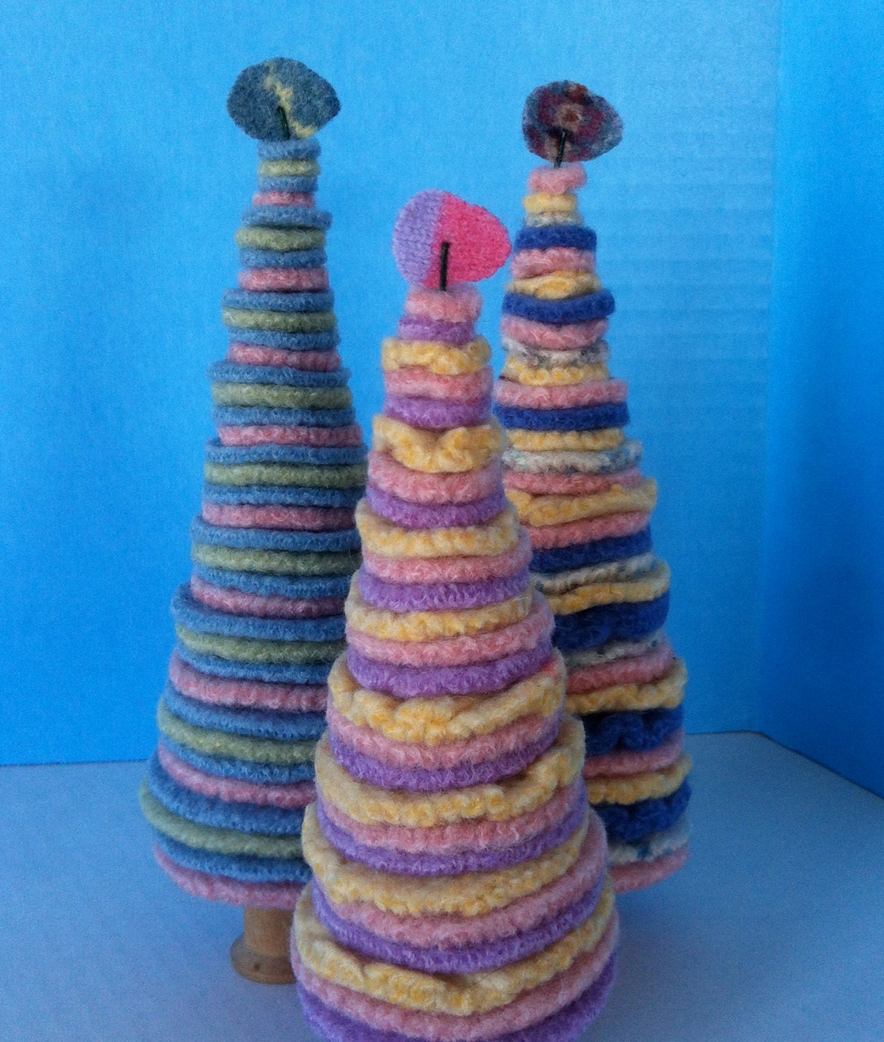 Kit to make Three Easter Pastel Wool Felt Trees with Easter Eggs on Top Fun and Funky