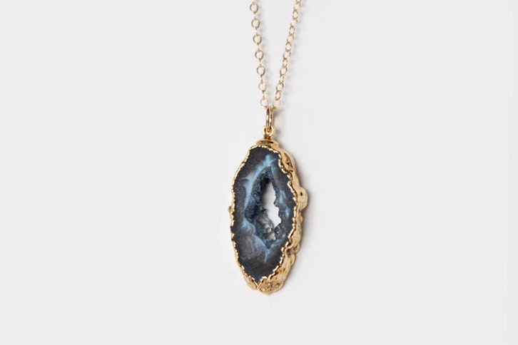 Agate Slice Druzy Necklace - 24k Gold Edges - OOAK - 28 inch