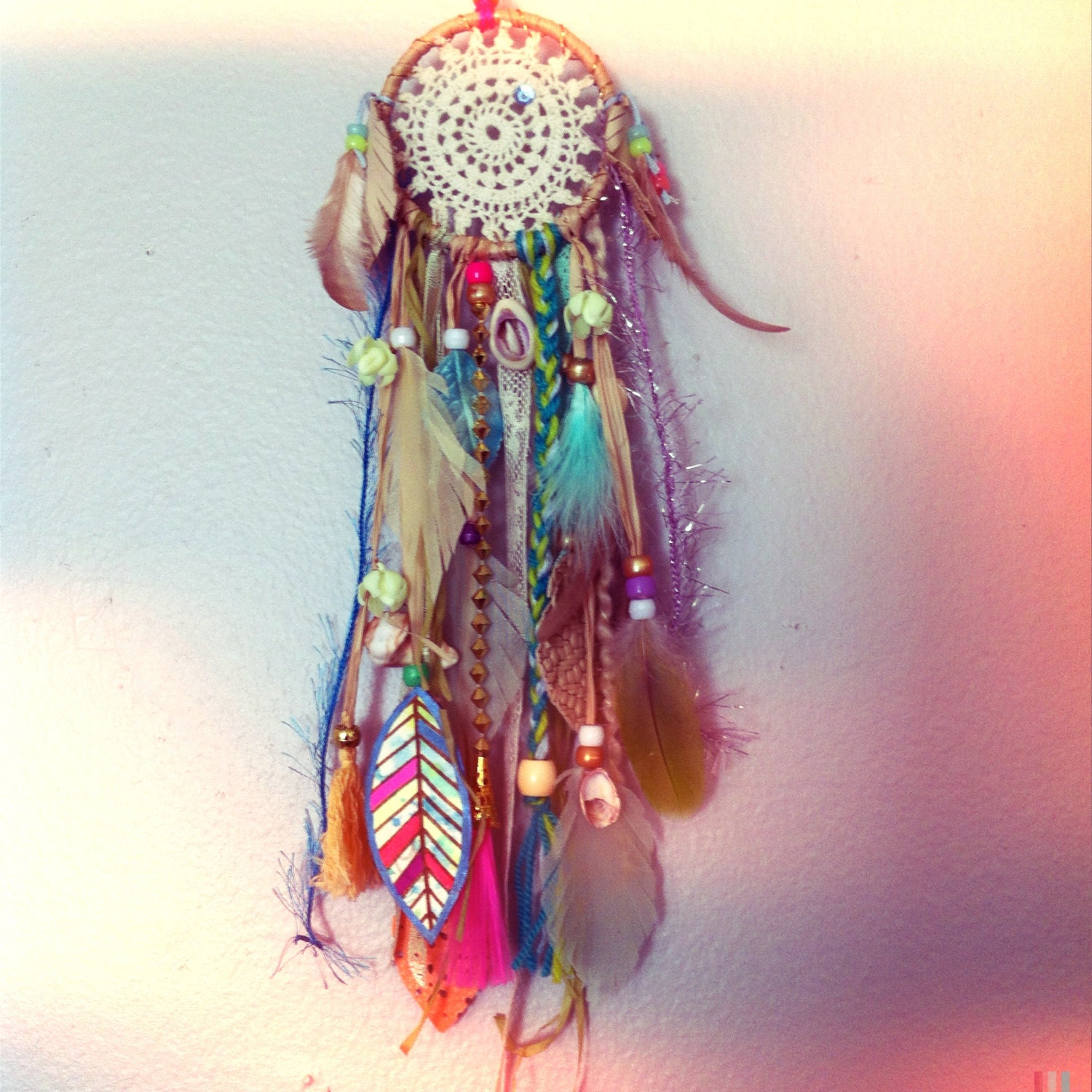 CUSTOM ORDER 3 inch Dreamcatcher similar to shown, painted feathers vintage trims