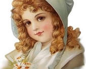 Lovely Bonnet Girl with Daisies Downloadable, Printable, Digital Art Image