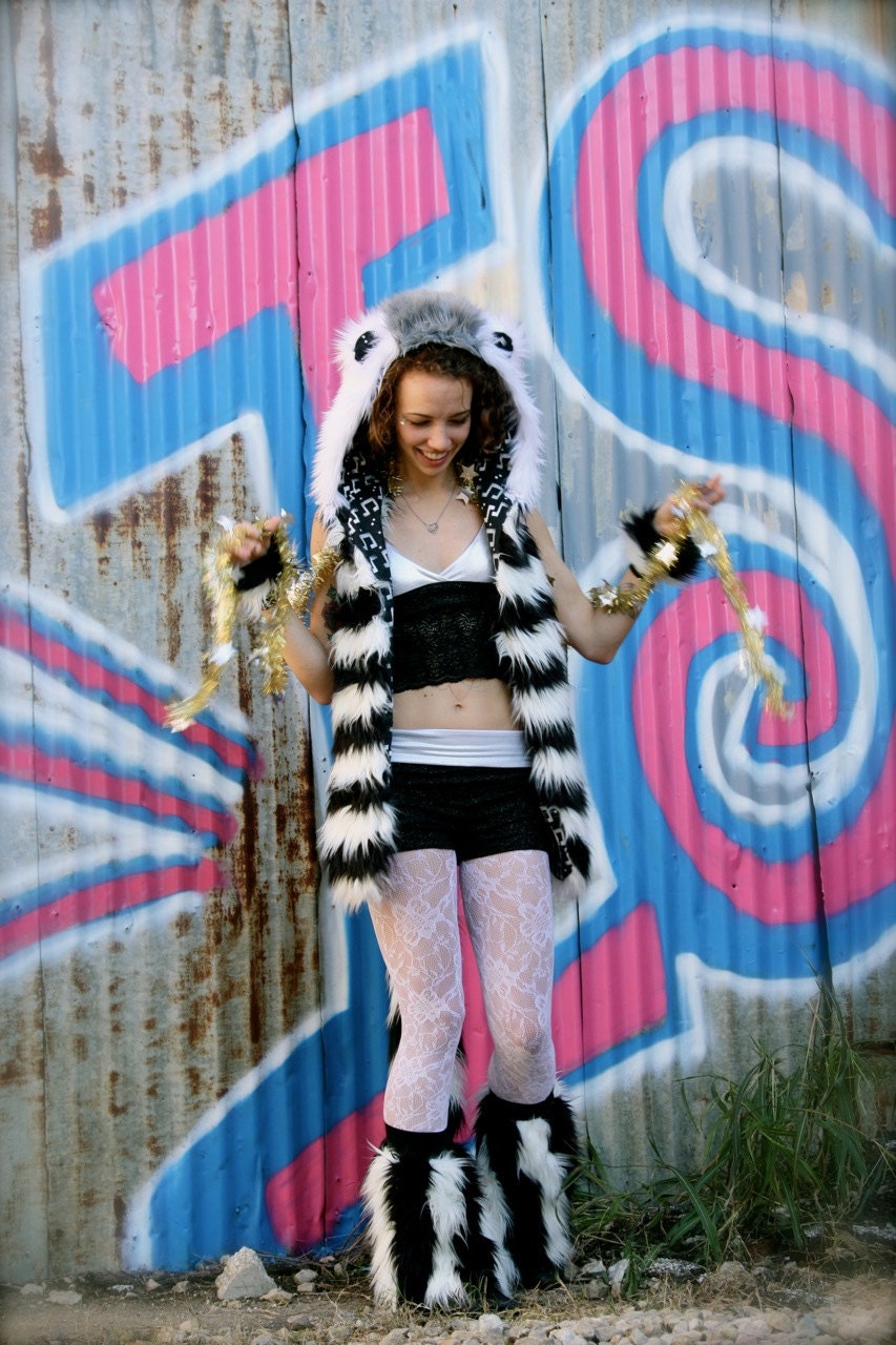 Mini Leg Cuffs haLf-CaLfs -- Black & White vertical stripes 9" long -- faux fur costume accessory funky fun cosplay furry dance go go hoop
